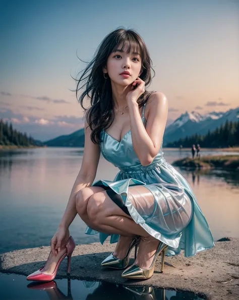 (1 dark-haired Japanese girl:1.2)，(Exposing High Heels， Perfect for the picture:1.6)， ( anatomical accuracy:1.5), (The figure is at the top of the mountain|On a snowy mountain| in the woods |At the lake|In front of the waterfall|on an airplane|:1.1)， (Wear...