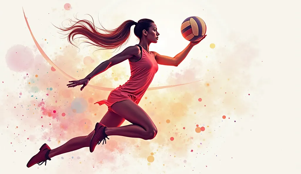 An artistic illustration representing the strength and elegance of women in volleyball. The image shows the silhouette of a woman formed by elements such as a volleyball, energy waves and fluid traits, symbolizing movement and dynamism. The background has ...