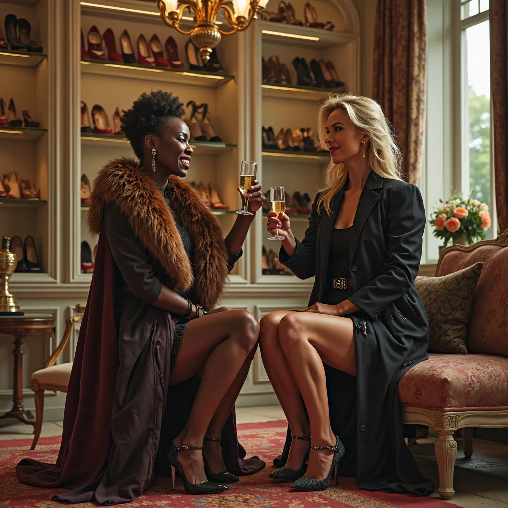 A luxurious shoe boutique. Two elegant and affluent women stand confidently, exudes an air of delicacy and charm. Thickly dressed, radiate charm and strength (female slaves kneel in despair) of modern clothes. champagne flutes in their hands, stiletto heel...