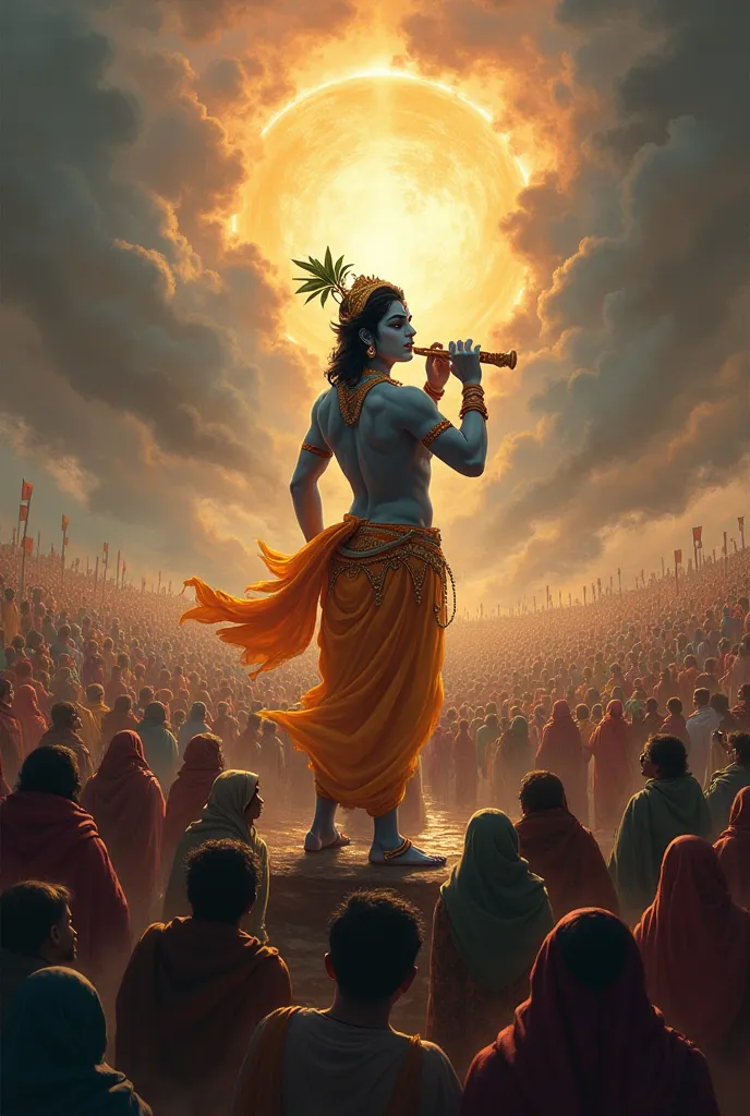 create a prompt of ending of earth and many people are heading down for the god krishna and krishna is playing flute and every thing start normal