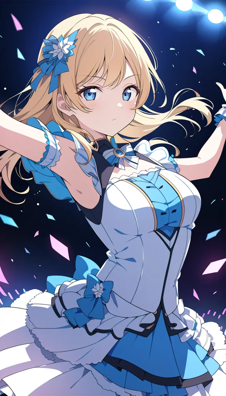 1 girl, blonde hair, blue eyes, school idol, on stage, Lovelive! style, Lovelive!, at a concert, detailed portrait, anime style, high resolution, , studio lighting, vibrant colors, dynamic pose, energetic expression, glowing stage lights, crowd cheering, w...