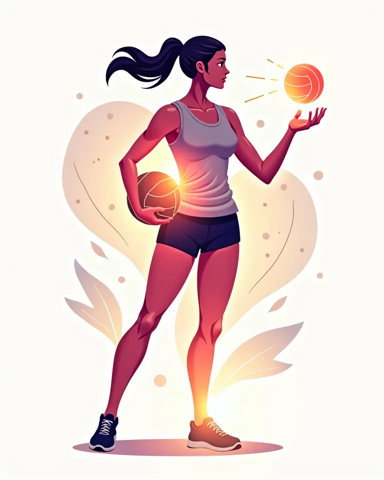 An artistic illustration representing the strength and elegance of women in volleyball. The image shows the silhouette of a woman formed by elements such as a volleyball, energy waves and fluid traits, symbolizing movement and dynamism. The background has ...