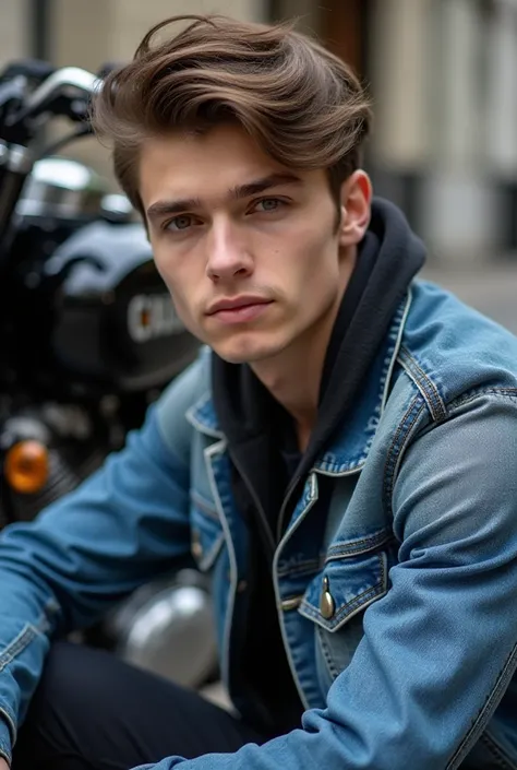  Photo of a handsome 20 year old London man from London sitting in front of a shiny black motorbike. The man is wearing a faded blue denim jacket with the word "JARED" partially visible, Couple whit a girl