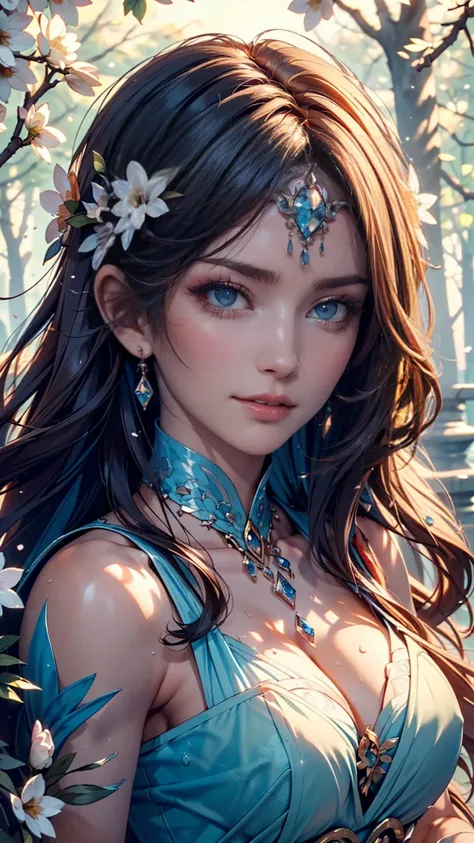 (best quality),(masterpiece:1.2), (colorful:0.9), ( ink scattering with BE),( color splashing ),((watercolor)), clear sharp focus,  model shot ,, (Portrait of the Goddess of Spring:1.5),  cute expression ,  Elegant Blue Hair  , beautiful detailed face and ...