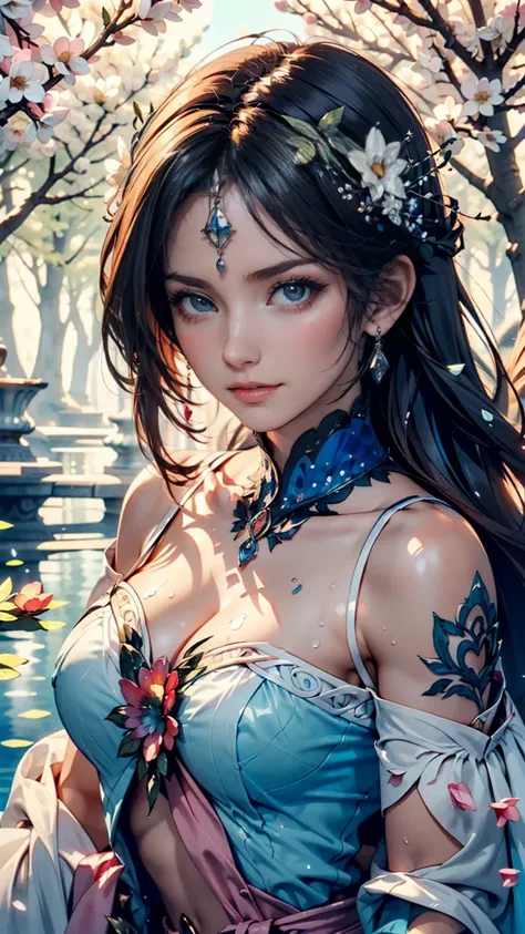 (best quality),(masterpiece:1.2), (colorful:0.9), ( ink scattering with BE),( color splashing ),((watercolor)), clear sharp focus,  model shot ,, (Portrait of the Goddess of Spring:1.5),  cute expression ,  Elegant Blue Hair  , beautiful detailed face and ...