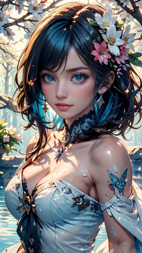 (best quality),(masterpiece:1.2), (colorful:0.9), ( ink scattering with BE),( color splashing ),((watercolor)), clear sharp focus,  model shot ,, (Portrait of the Goddess of Spring:1.5),  cute expression ,  Elegant Blue Hair  , beautiful detailed face and ...