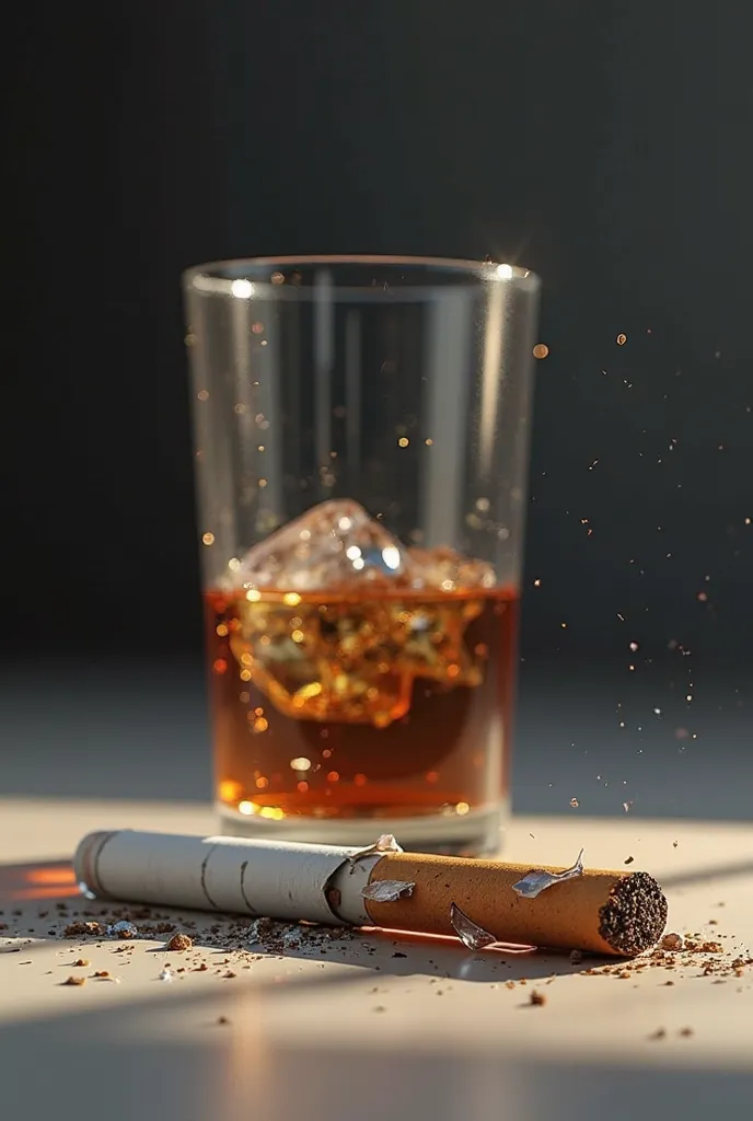 A large, bold image of a broken cigarette and a spilled glass of alcohol, symbolizing breaking free from these habits.

