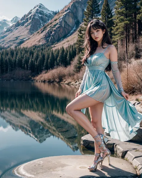 (1 dark-haired Japanese girl:1.2)，(Exposing High Heels， Perfect for the picture:1.6)， ( anatomical accuracy:1.5), (The figure is at the top of the mountain|On a snowy mountain| in the woods |At the lake|In front of the waterfall|on an airplane|:1.1)， (Wear...