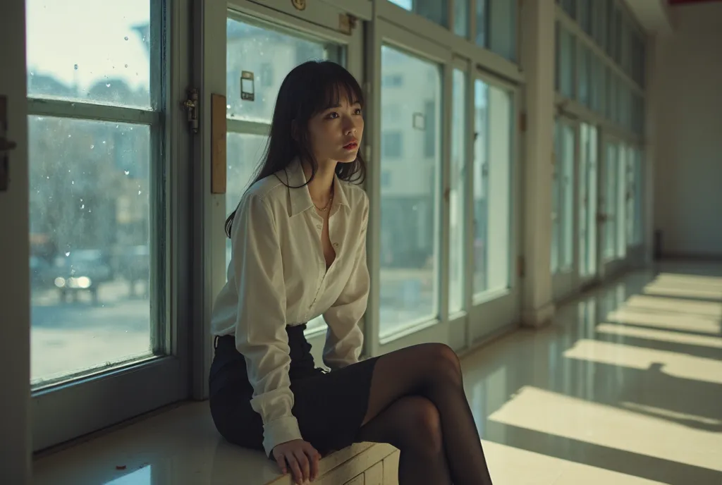 masterpiece,  8K product,  photorealistic,  beautiful Japanese woman, I am 22 years old.,   career woman,   skirt suit,  white blouse, black tights, imprisonment,  teary eyes in the store, Each one is confined to a glass case in the gallery,   sitting on g...