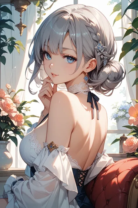 gray hair、Beautiful girl with blue eyes 