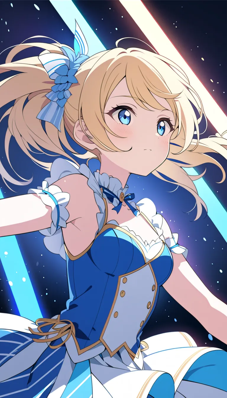 1 girl, blonde hair, blue eyes, school idol, on stage, Lovelive! style, Lovelive!, at a concert, detailed portrait, anime style, high resolution, , studio lighting, vibrant colors, dynamic pose, energetic expression, glowing stage lights, crowd cheering, w...