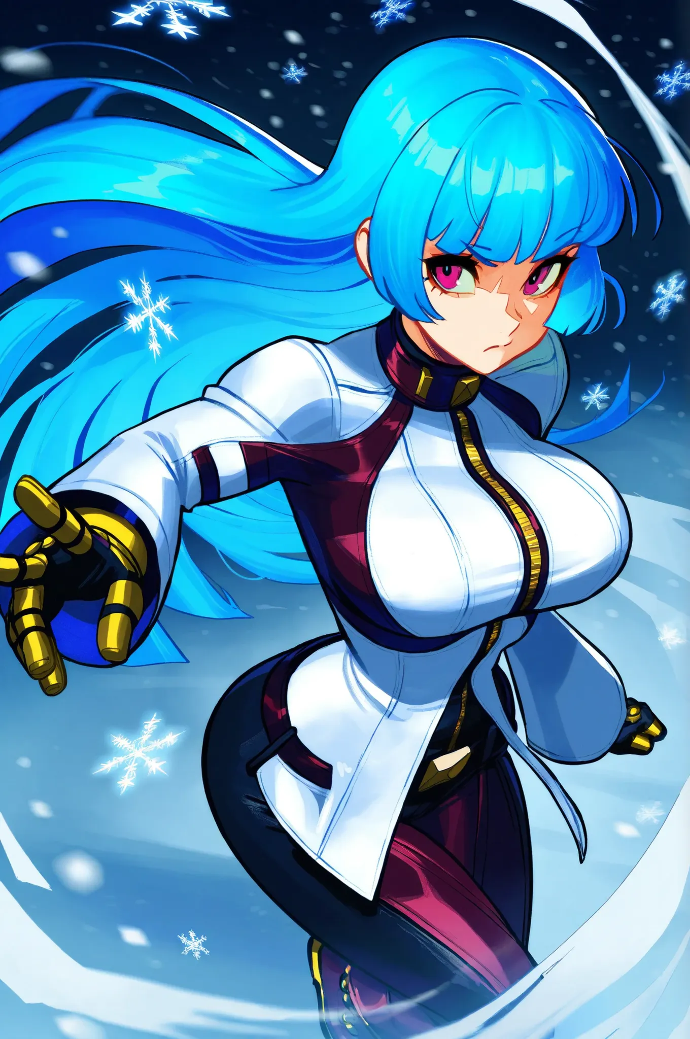 (tangobat:0.7),(Alex ahad:0.7)(sakimichan:0.5), masterpiece, best quality, absurdres, newest, very aesthetic, amazing quality,highres, Kula Diamond \(king of fighters\), blue hair, hime cut, purple eyes, gloves, (1girl), (detailed face:0.8), (detailed eyes...