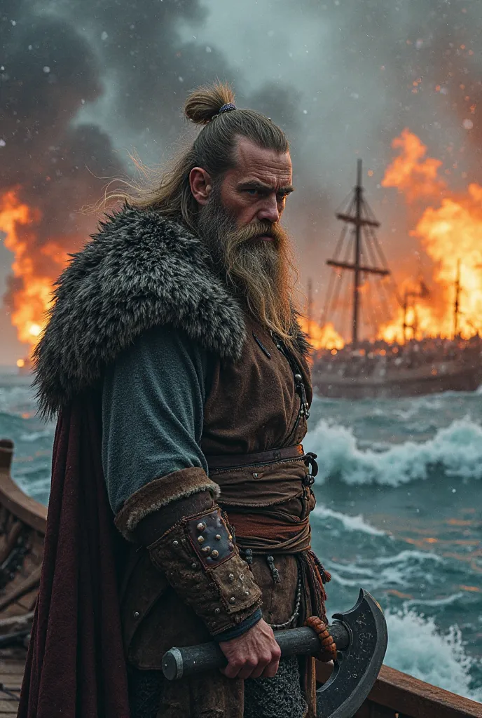 "A fierce Viking warrior stands on a wooden longship, gripping his battle-worn axe tightly as waves crash against the ship. He wears a fur-lined cloak, intricate leather armor, and a horned or metal helmet, with long, wind-blown hair and a thick beard. His...