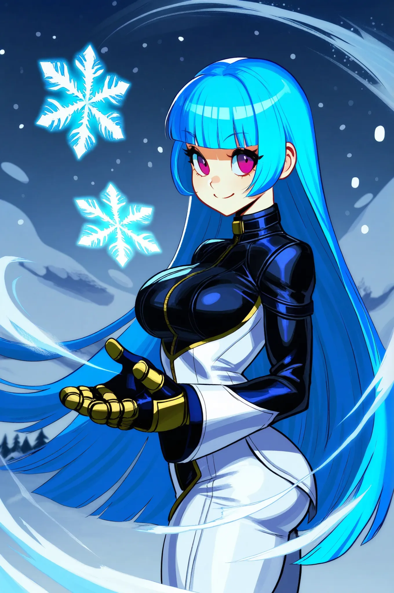 (tangobat:0.7),(Alex ahad:0.7)(sakimichan:0.5), masterpiece, best quality, absurdres, newest, very aesthetic, amazing quality,highres, Kula Diamond \(king of fighters\), blue hair, hime cut, purple eyes, gloves, (1girl), (detailed face:0.8), (detailed eyes...