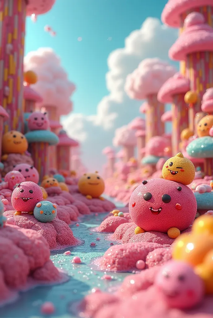 An animated world made of candy with living beings from acerola
