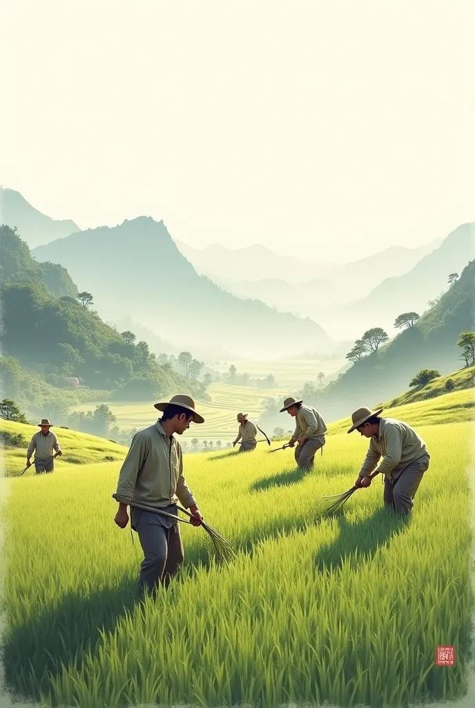 Please give me a picture of the ancient style of Chinese people working hard to cultivate rice when the sun is very hot at noon