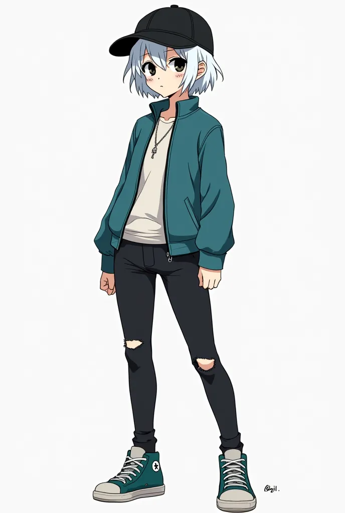  a age girl, short white hair vest,black eyes,drawing of a black star on the cheek,wearing a black cap,wearing a blue-green long sleeve top,ripped black pants,blue-green sneakers,full body anime version 