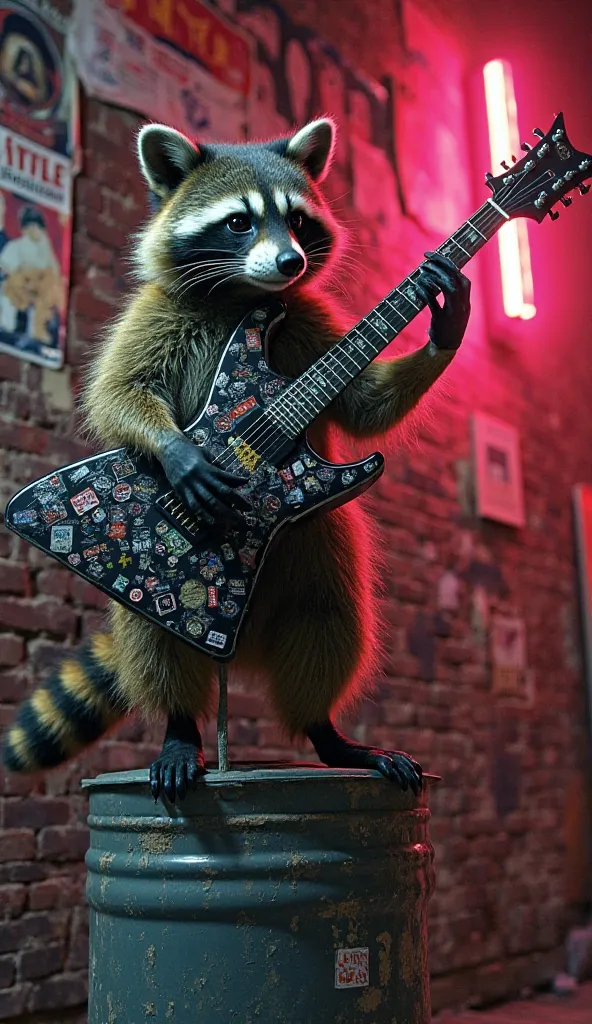 A rebellious raccoon stands on top of an overturned trash can, shredding a jagged, spiked black electric guitar covered in stickers. Its striped tail twitches in rhythm, and its eyes gleam with mischief. Torn posters of old rock concerts are plastered on t...