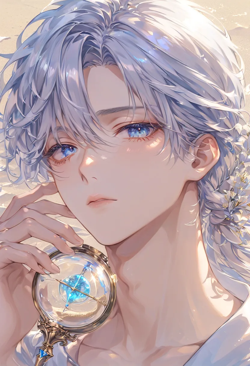 A hyper-detailed, ultra-high-resolution anime-style illustration of a male character. His long, silky silver hair catches the light beautifully, each strand intricately detailed and flowing with delicate movement. His hair is elegantly tied into a loose lo...