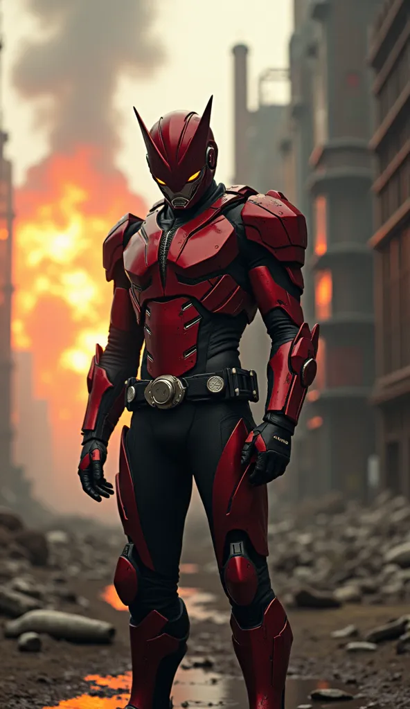 A hyper-realistic Shin Kamen Rider movie directed by Christopher Nolan. A dark, gritty reimagining with grounded sci-fi elements. The hero stands in a desolate cityscape, his suit battle-damaged. A massive explosion in the background, captured in an IMAX c...