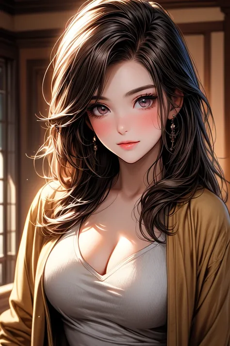 Masterpiece, ((1 girl, Brown Hair, White Skins, Pale Skins)), ((Best Quality)), ((Close up)), (Ultra-detailed), Highly detailed, ((Big Breasts)), Perfect Lighting, Perfect background, ((Half-up Medium Hair, Straight Hair, Brown Hair, Brown eyes)), ((25-yea...