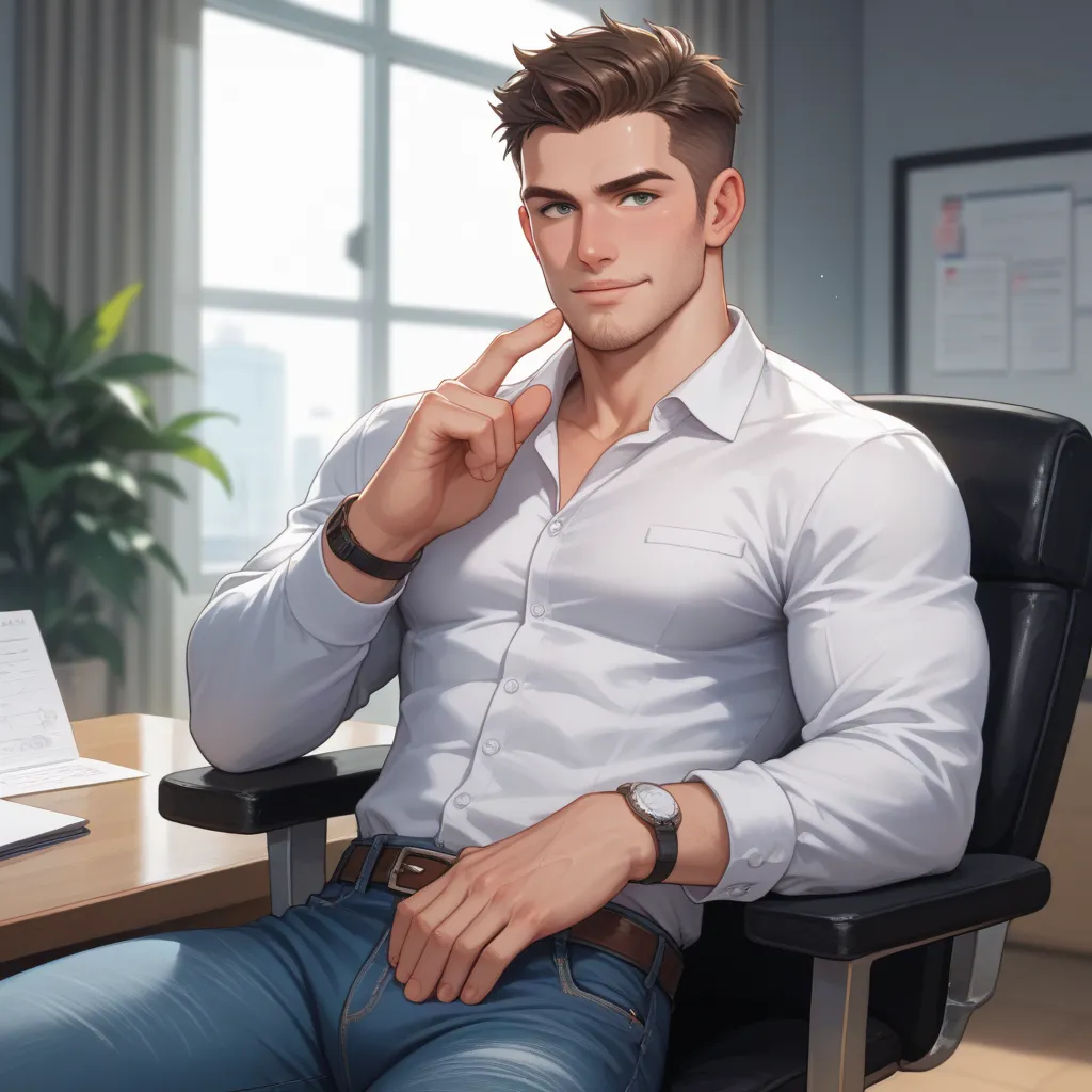 A  man with a confident and friendly expression stands in a professional photography studio. He wears stylish casual attire, such as a fitted t-shirt and jeans or a smart blazer. The studio has a well-lit, modern background. His hands are gesturing express...