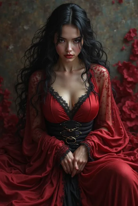 Create a beautiful woman with red and black clothes