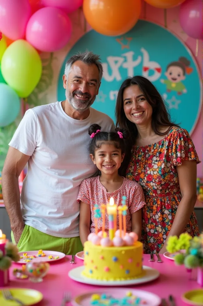 a family, composed by a father, a mother and a age daughter, pose for a photo at a birthday party. the father, middle-aged, wears a white t-shirt and shorts. The mother, também middle-aged, uses a dress printed with vibrant colors. the daughter, Latin-look...