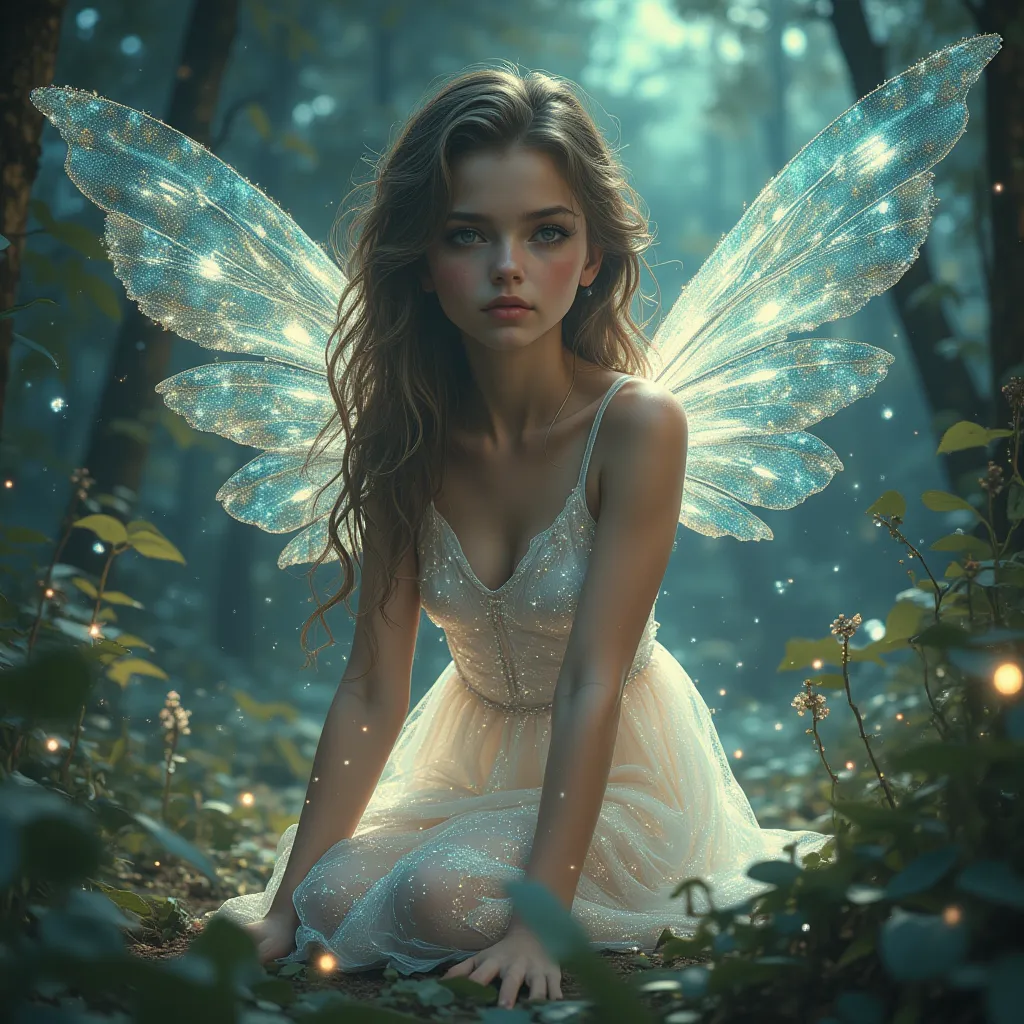  A detailed fairy girl with delicate wings,   transparent wings that rest gracefully on the ground  .  She has a long time ,  wavy hair ,   and its ethereal beauty is enhanced by soft  , bright light.   The background presents a magical forest with twinkli...