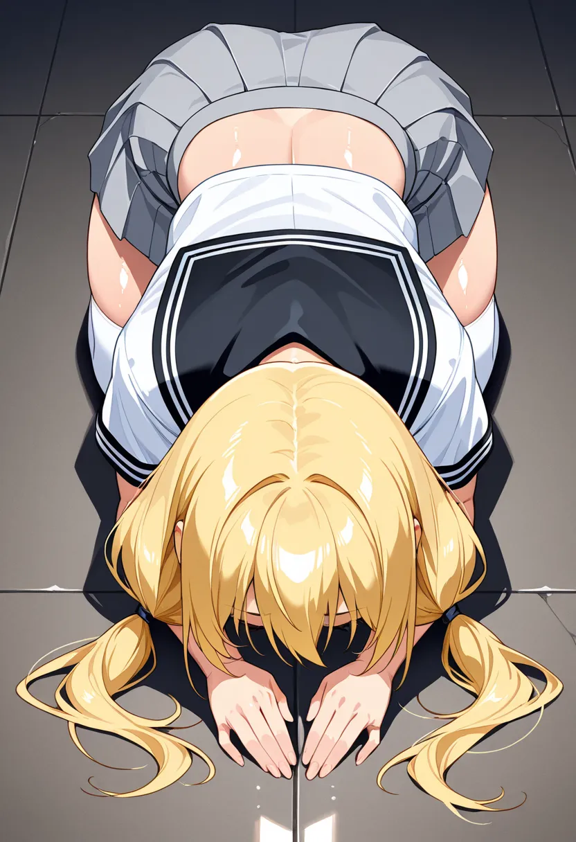 1girl , Alone, alone, hyper detailed, yellow blonde hair, (Long Low Pigtails, hair over shoulder:1.3), hair between eyes, medium hair, full clothed, black sailor collar, white very long school uniform, gray skirt, bare thighs, white thigh socks, full cover...