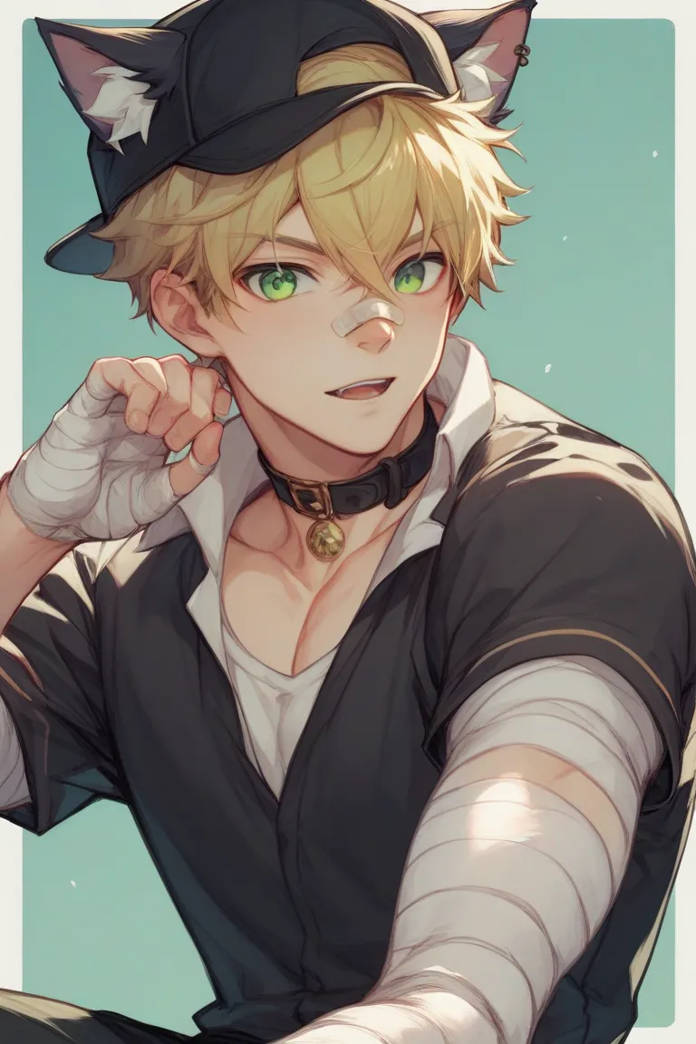 Short blonde man、black cat ear hat from border、Yellow-green eyes、striped long sleeve、Black short trousers、boy、fine、 holding an adhesive bandage on top of the nose 、illustration for both eyes、anime style、High quality、