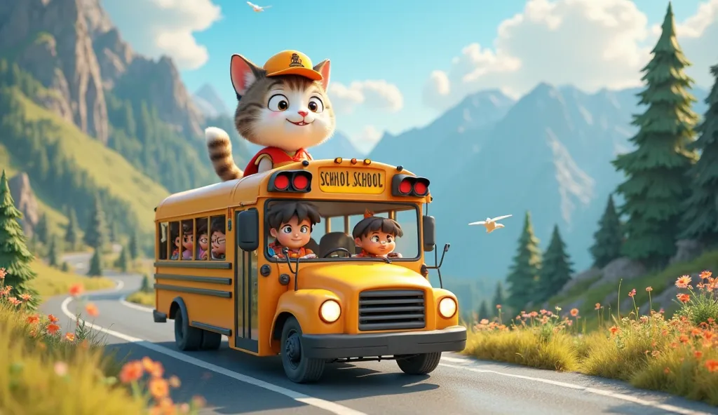 A cute cat driver dressed is driving a school bus and going on a mountain excursion with students 3d animation cartoon. #Transportation
#Cartoon
#SeaArt Infinity