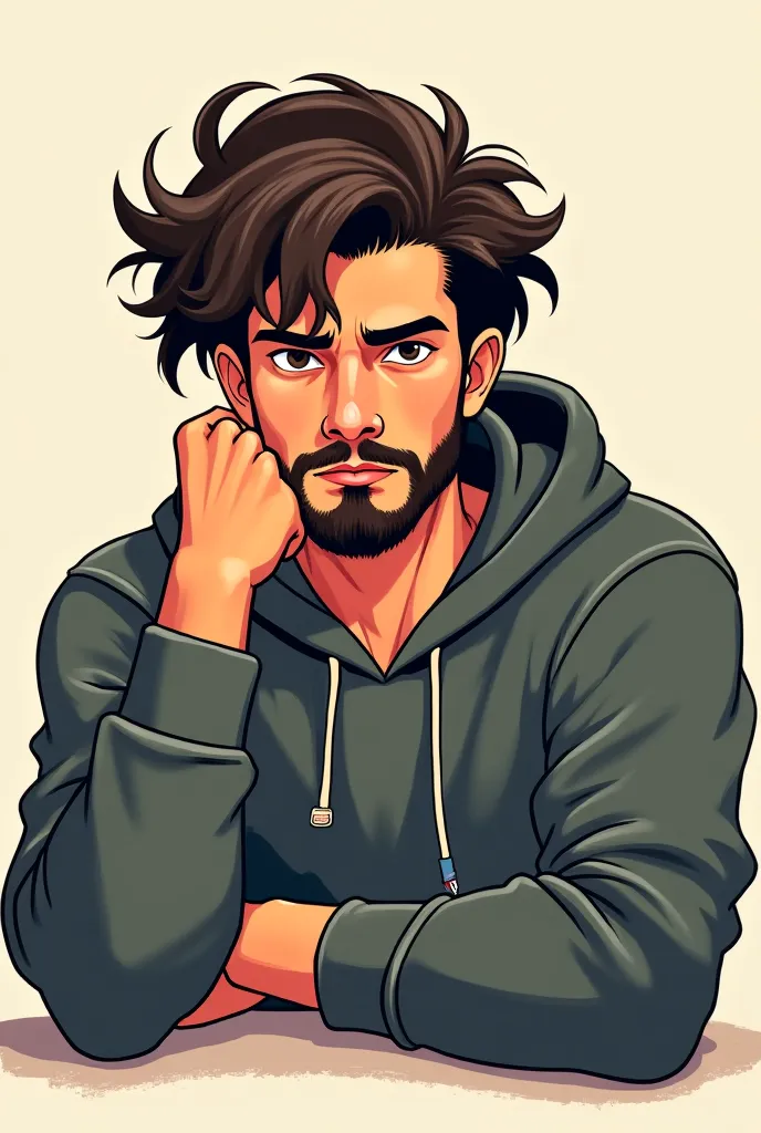 "A stylized portrait of a man with long, messy hair and a beard, inspired by early 2000s Western animation. He wears a hooded sweatshirt and has a serious, melancholic expression. resting his hand on it in a relaxed manner. The art style features clean lin...