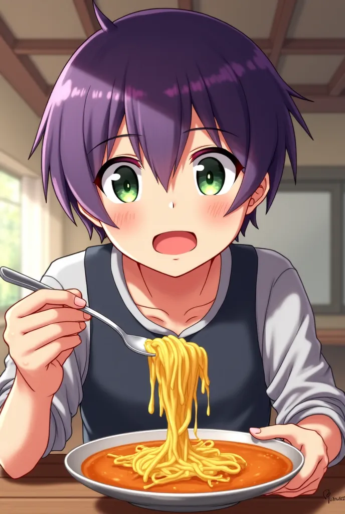 adult boy ,Amir,I'll feed you,Sinkos, Ninjin Mami, Tosaka Asagi,Alone  ,
Feed, food,  Open Mouth ,  food, he looks at the viewer, holding a spoon, curry, the ceiling, Portrait,  purple hair ,  green eyes, A smile ,  Tokyo city , short hair,,
best quality, ...