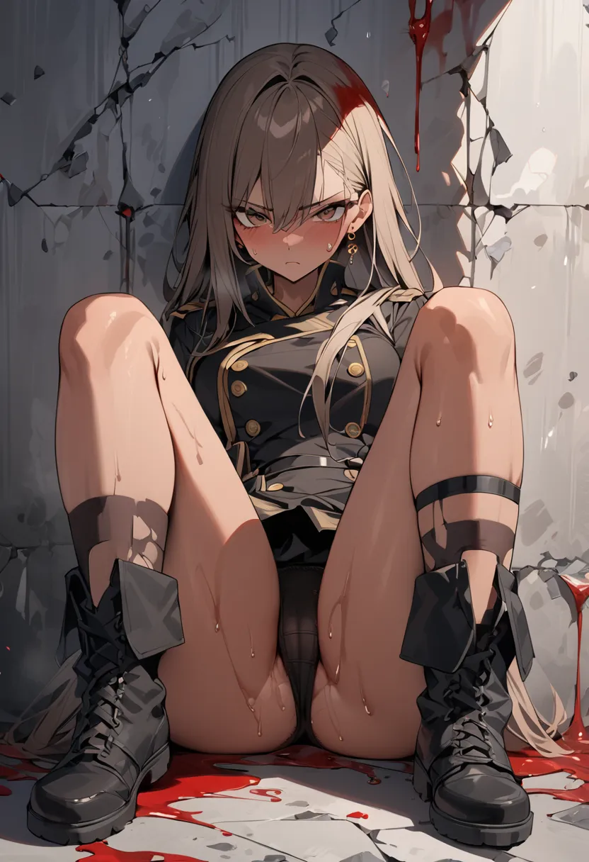 ((greatest masterpiece,Ultra High Quality:1.2)),(super resolution),(solo),cowboy shot,Slender high school girl sitting with legs spread apart at battlefield wall,Full Body Injury, blood is flowing from my head,beautiful face, healthy tan skin ,Light brown ...