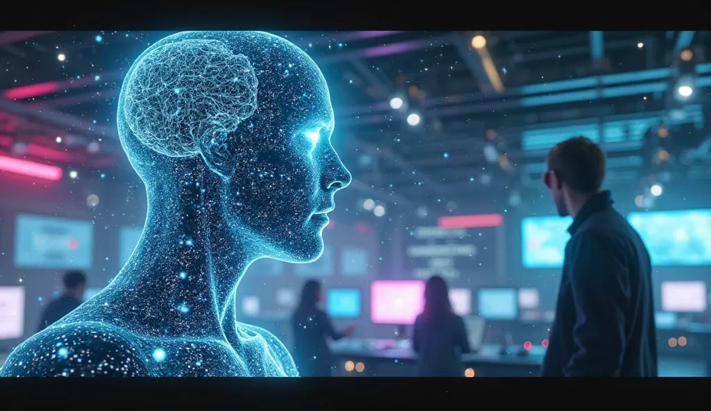 "A breathtaking, cinematic sci-fi scene featuring a glowing humanoid AI figure with a transparent, holographic face revealing intricate neural networks and data streams inside. One side of its face appears human-like, while the other side is made of shifti...