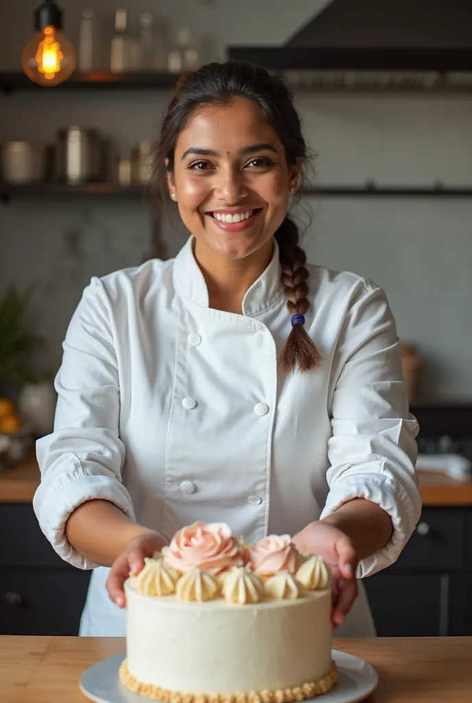 A proud indian married woman baker in a professional kitchen, wearing a chef's coat and a warm smile. She is skillfully decorating a beautifully crafted cake with elegant frosting and delicate details. The background is softly lit, emphasizing her confiden...