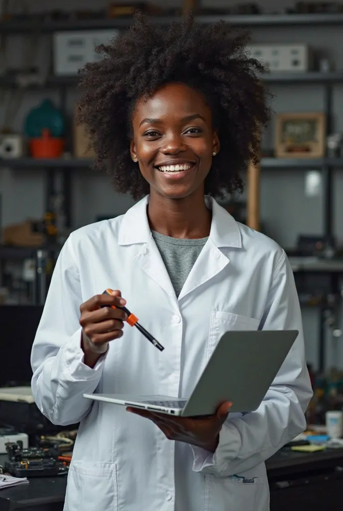 A 23-year-old African woman wearing an electronic lab coat, smiling brightly with a joyful posture. She holds a screwdriver in her right hand and a laptop in her left hand. The background suggests a modern electronics lab with tools and components around. ...