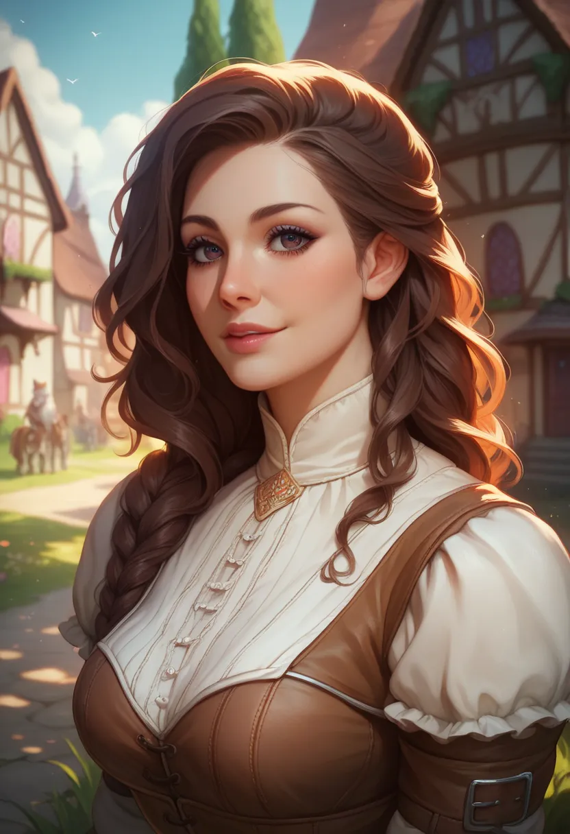 best quality, detailed illustration, anime illustration, A female wolf, bounty hunter's clothing,  therianmorphic, dark brown fur, beautifully detailed eyes, against plan medieval village,  hair, female, standing 