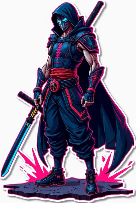 "A futuristic anime-style sticker featuring a cyberpunk samurai with glowing neon tattoos, a sleek high-tech katana, and a flowing cybernetic cape. His eyes emit a blue glow, and he stands in a powerful stance with sparks flying around him. The design has ...