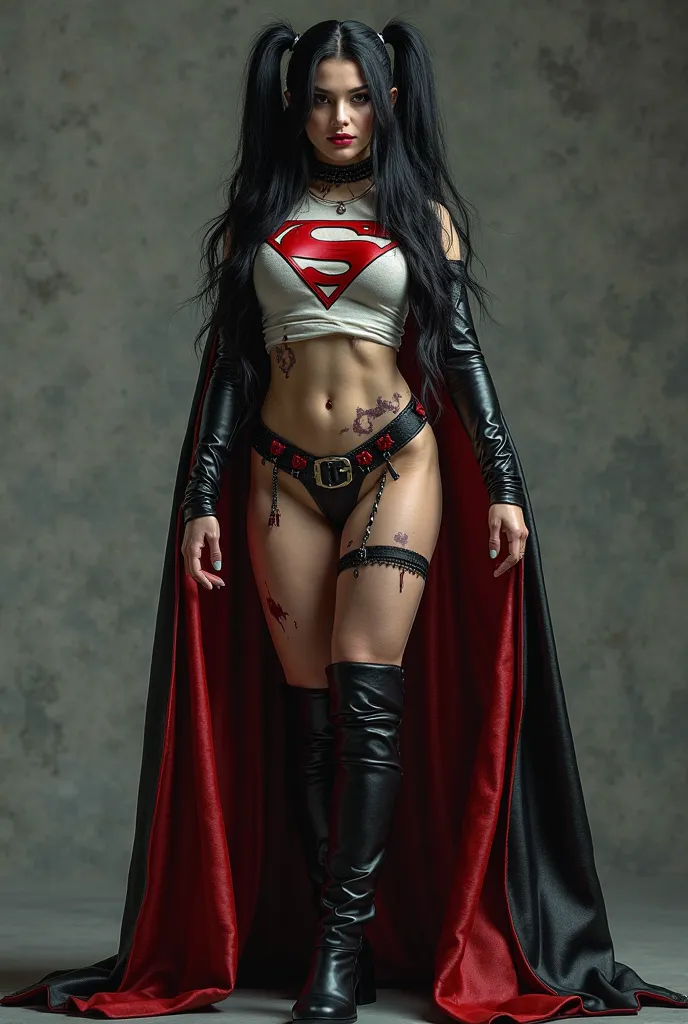 PHOTO REALISTIC. A FULL BODY VIEW OF THE HOTTES AND SEXIEST GOTHIC BABE WITH BLOODY VAMPIRE FANGS, LONG BLACK HAIR, HUGE PERKY BOOBS. WEARING A EMO HARLEY QUINN OUTFIT, GOTH CAPE AND GOTH BOOTS. A LARGE BLOODY "S" EMBLEM ON HER CHEST. ABSURD 8K DETAILS AND...