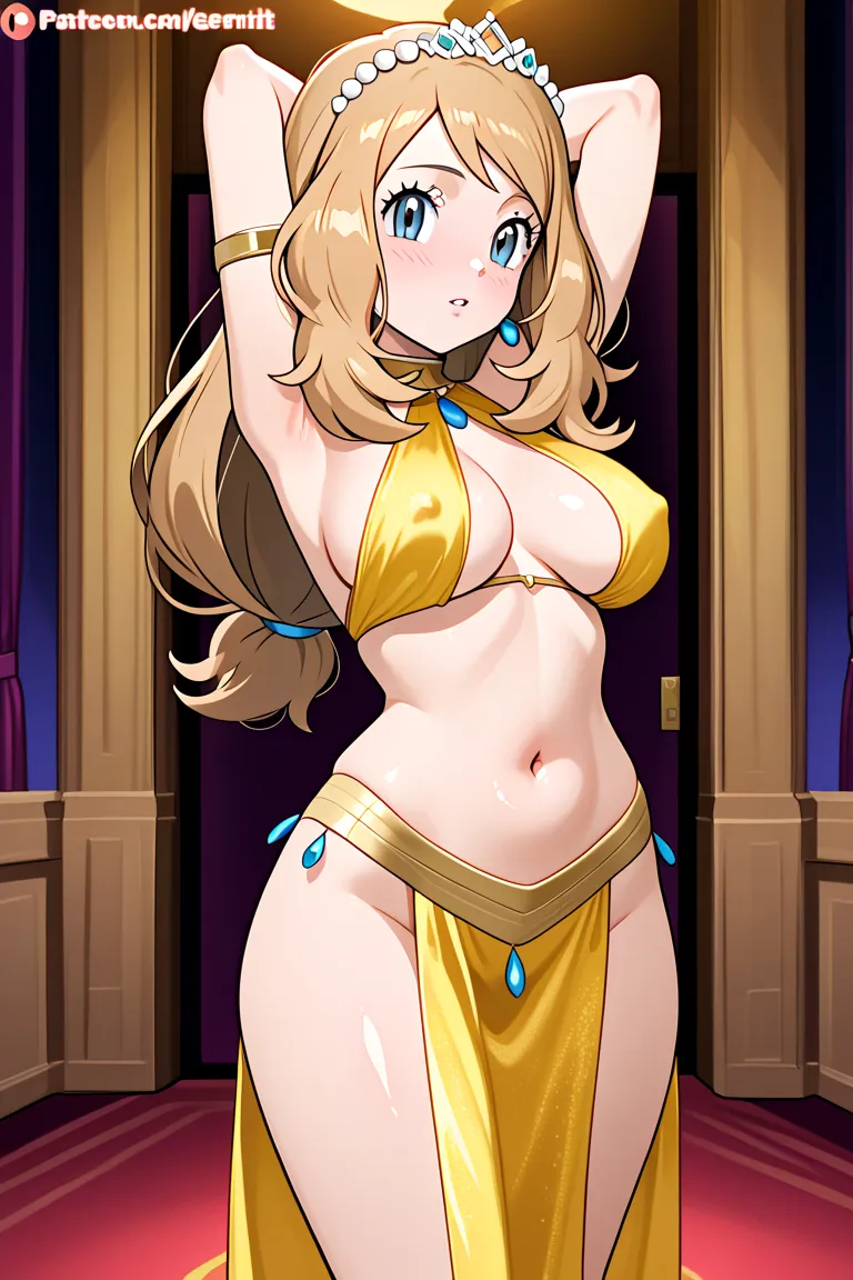 Serena from pokemon, she is pretty young gir age of 19 year old ,she has yellow long hair, her breast size , she wears a belly dance dress, she hasmouth vapors , she looking at front back making vulgar pose, she stand , in high qualitiy 