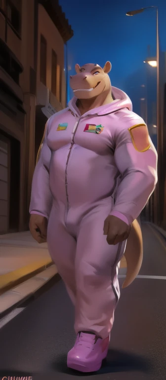   alone  , Male​ tall​., huge body,​standing, road  ,hippo labrador ​,tail crocodile​ long​, heavy  เกินพิกัด,   muscle bound , pink Military Spacesuit​ officer ,Smirking evil , by chunie  