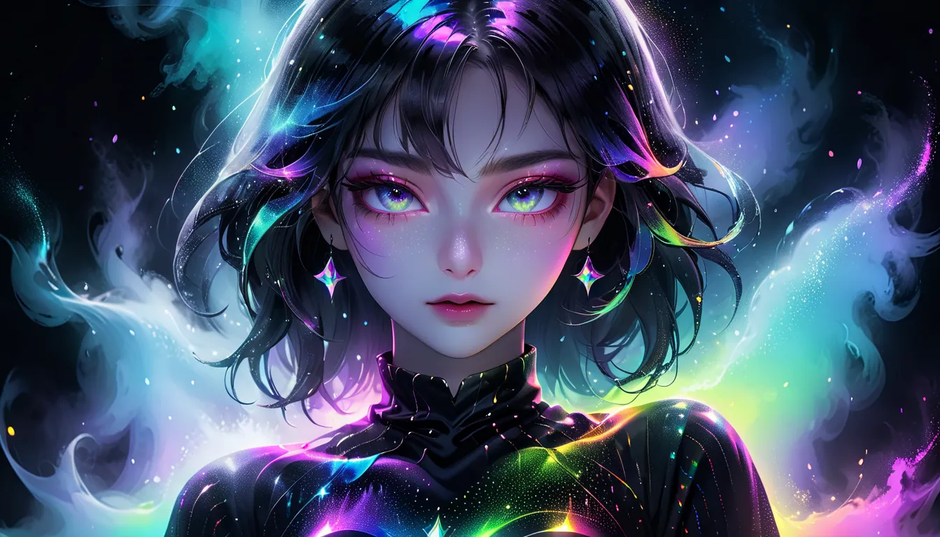 1 beautiful girl, mysterious mist, iridescent, neon powder, shading effects, magical gradation effects, fog filter effects, glitter effects, CG graphic digital art