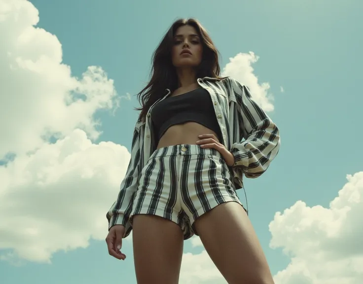 An artistic fashion shot of a woman wearing striped shorts and a cropped jacket, taken from a dramatic low angle against a backdrop of a cloudy sky. The treatment adds a timeless quality to the image, with the strong pose and intense expression creating a ...