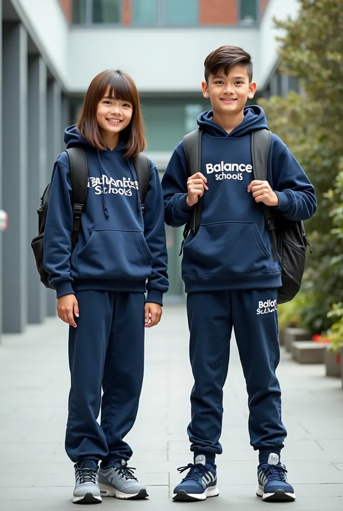 A full-body, wide-angle photo of a 17-18 year old high school girl and a 17-18 year old boy standing side by side in a confident stance. They are wearing dark blue hooded sweatshirts with the words ‘Balance Schools’ across their chests, matching school pan...