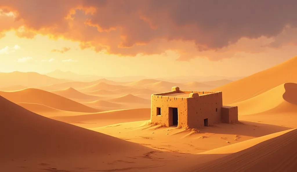 "An artistic illustration of a vast desert with golden sand dunes stretching into the horizon. In the middle of the scene, a small, old-fashioned house made of mud bricks stands alone, giving a mysterious and isolated feel. The sky is warm and slightly dra...