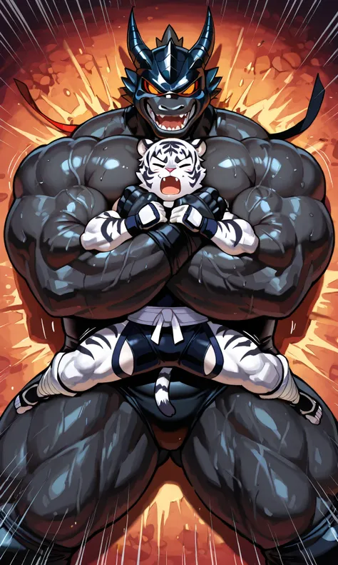 giant black dragon wrestler, small white tiger ninja, wresling, submission hold, [black dragon:lying on back, head lock, crossing arms, hugging, arms around neck, heavy weight bulky fat, giant plump muscular body, thick arms, big pectoral muscles, venis po...