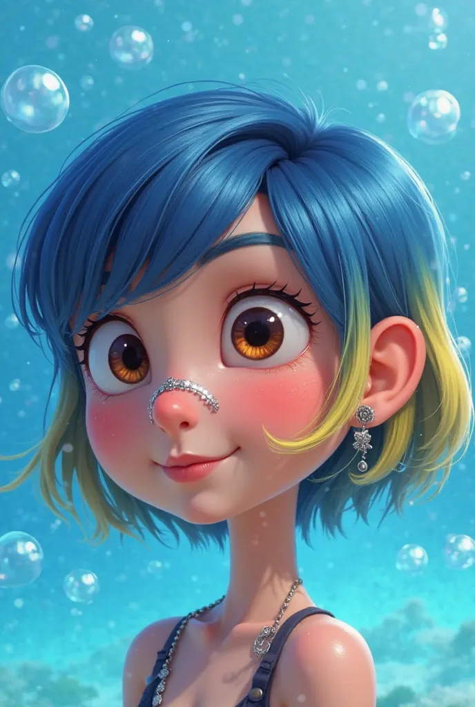 Woman with a round face with brown eyes and only silver circle septum through her nose and  nothing else on her face with shortish hair with the characteristics of the cartoon character from finding Nemo (blue hair, blue/yellow ombré hair, bubbles around t...