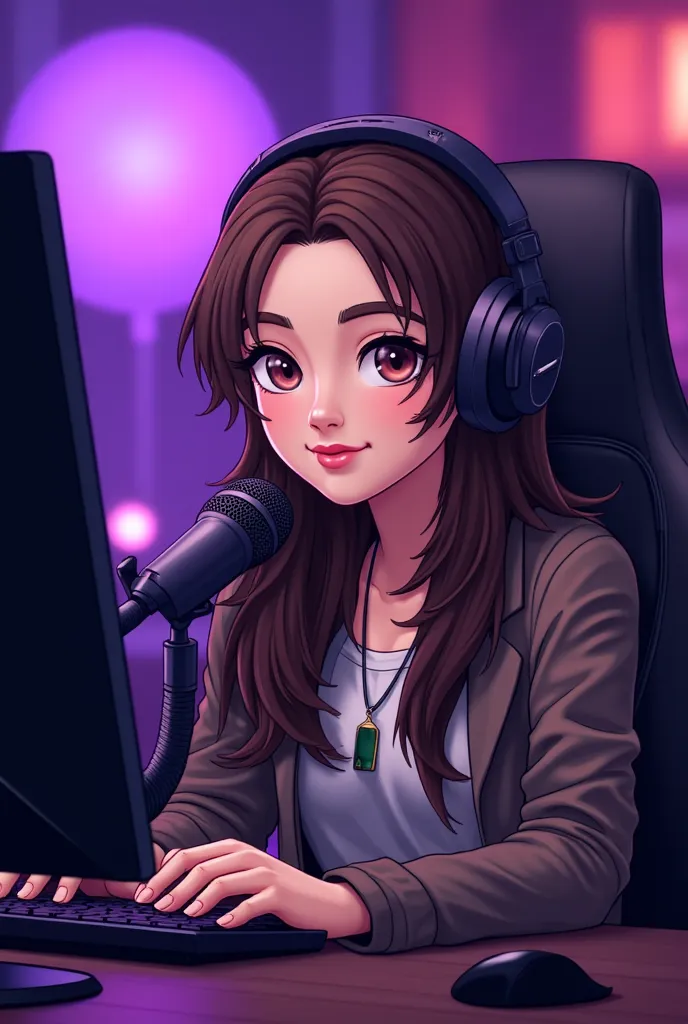  A woman sitting at a desk with a laptop and a microphone, sitting in front of a microphone ,  Twitch streamer ,  Twitch streamer /player ludwig, Giving an interview, accurate portrait, taking control while smiling, H3H3,  with a happy expression ,  Precis...